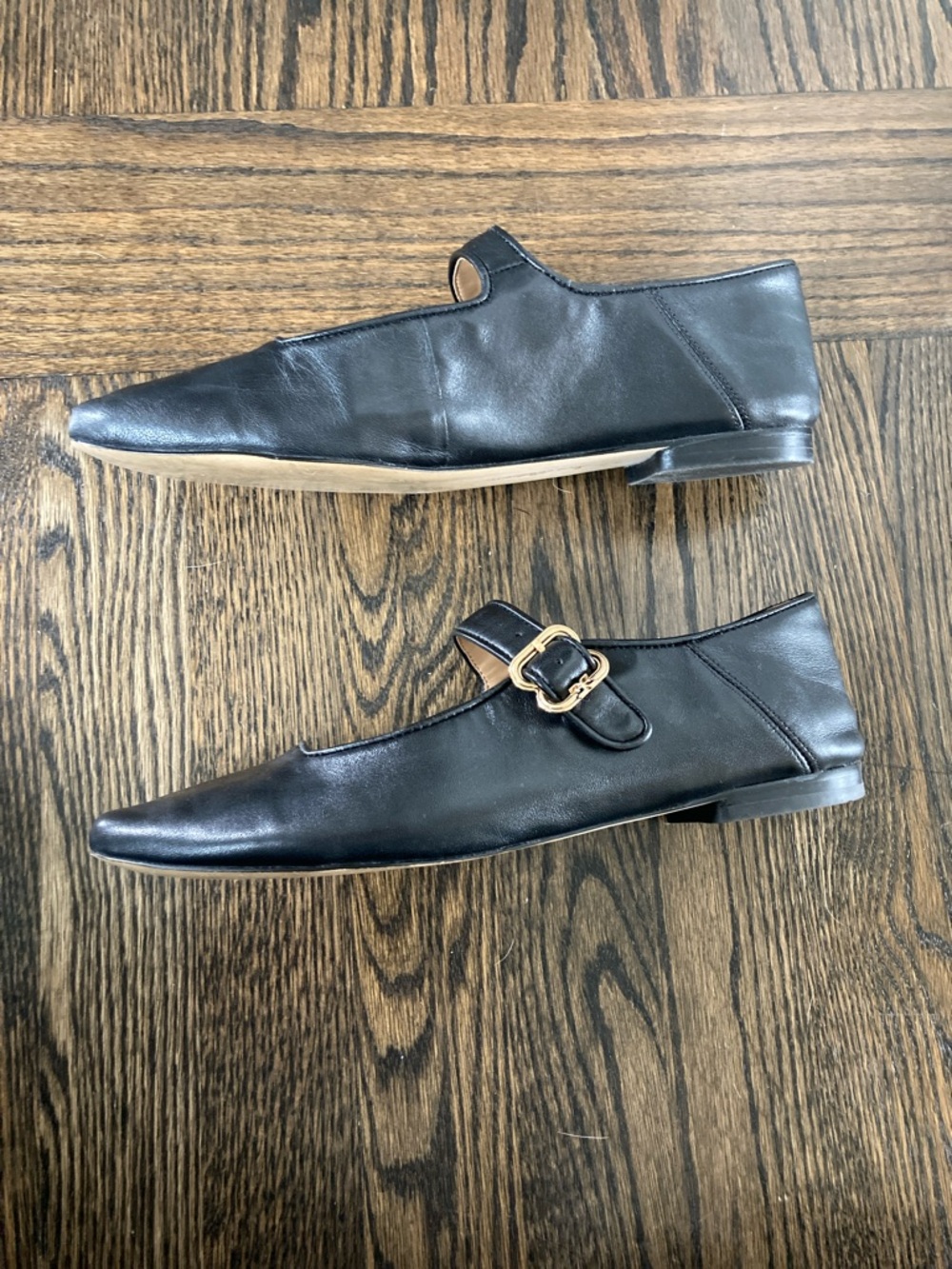 Sam Edelman Black Mary Jane Leather Flats with Gold Buckle - Picture 2 of 6